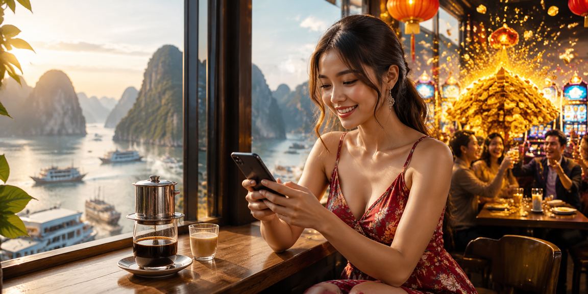 Người dùng trải nghiệm casino di động tại vịnh Hạ Long với tách cà phê sáng